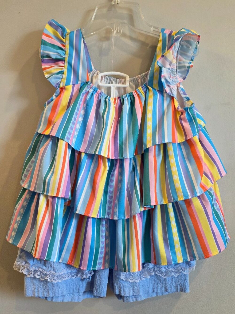Rainbow Stripe Tiered Ruffle Tunic & Lace Trim Shorts 6Y